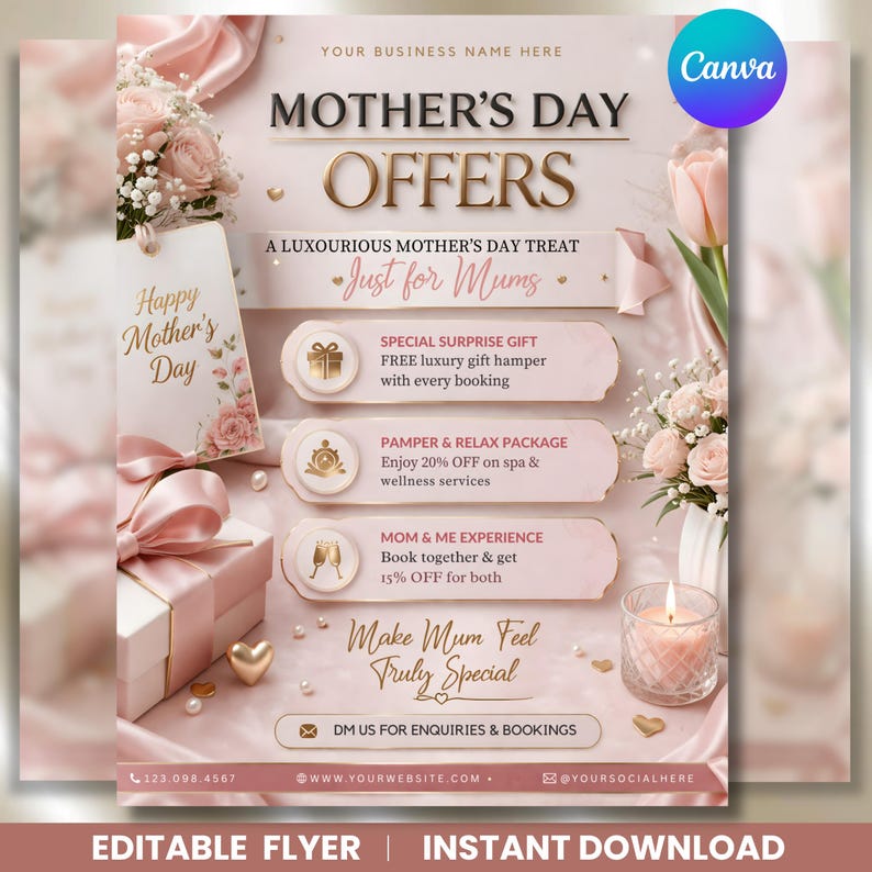 Mother's Day Offers Canva Template For Beauty Professionals & Salons, Booking Flyer Social Media Post, Canva Editable