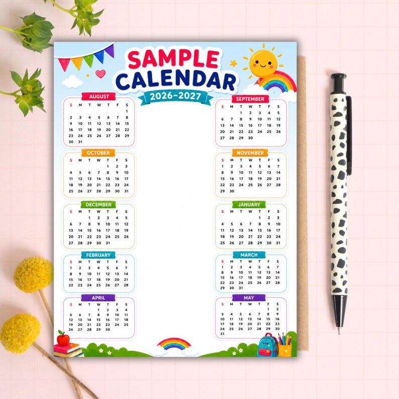 Editable Rainbow School Calendar Canva Template (10-Month Planner)