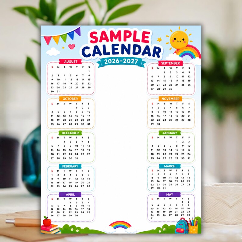 Editable Rainbow School Calendar Canva Template (10-Month Planner)