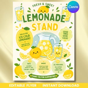 May include: A lemonade stand flyer featuring yellow lemons, a pitcher of lemonade, and glasses with straws. Text includes Fresh & Sweet, Lemonade Stand, Join Us For Ice Cold Lemonade, Good Times Good Cause, Date Saturday August 16 2025, and Thank You.