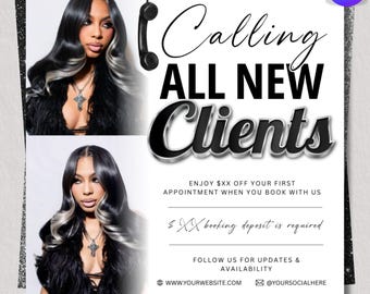 Prospectus de réservation pour nouveaux clients, Appel à tous les nouveaux clients, Coiffeur, Lash Tech, Manucure, MUA, Modifiable Canva Modifiable