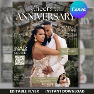 May include: An anniversary flyer with a photo of a couple embracing. The text reads "Cheers to Anniversary" and "30 Years of Love." Additional text includes event details, a QR code, and the words "Editable Flyer | Instant Download."