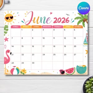 Op de afbeelding: Een kleurrijke juni 2026 kalender met een zomerthema. De kalender toont een lachende zon met zonnebril, een roze flamingo en illustraties van een zeilboot, watermeloen en een strandbal. De dagen van de week staan bovenaan.