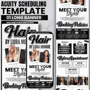 May include: A black and white banner template for a hair studio. The banner includes the text "Hair by Liora Monroe", "Meet Your Stylist", and "Booking Policies". Contact information and shop timings are also displayed.
