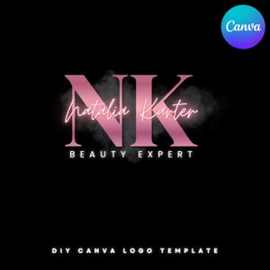 May include: A logo design featuring the letters "NK" in pink with a glowing effect, the name "Natalia Karter" in cursive, and the words "BEAUTY EXPERT" below. The background is black with a smoky effect. A Canva logo is in the upper right corner.