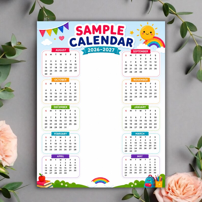 Editable Rainbow School Calendar Canva Template (10-Month Planner)