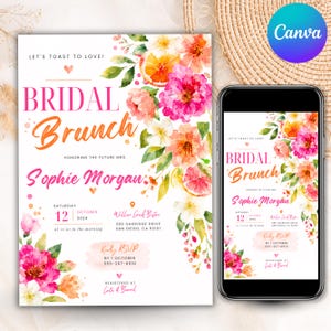 Könnte beinhalten: Eine Einladung zum Brautbrunch mit floralen Aquarellillustrationen. Die Einladung zeigt den Text "BRIDAL Brunch" in Orange und Pink mit Details für Sophies Morgans Brunch am 12. Oktober 2024 im Willow Creek Bistro.
