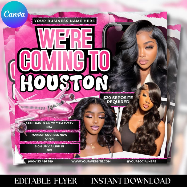 Travel Announcement Booking Flyer, Houston Travel Flyer, Hair Stylist, MUA, Lash Tech, Nail Tech, Editable Canva Template