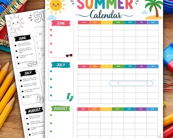 Summer Calendar Poster Printable, 2026 Summer Bucket List Activities Large Checklist Family Planner for Kids Fun Template Digital Download