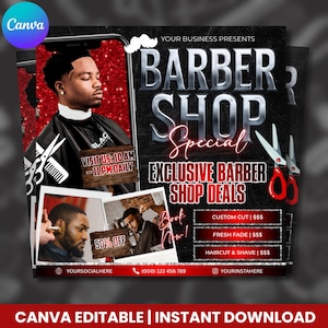 May include: A promotional flyer for a barber shop, featuring a man in a barber's cape. The flyer includes the text "BARBER SHOP Special" and "EXCLUSIVE BARBER SHOP DEALS". It also displays the shop's hours and a 50% off promotion.