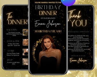 30e verjaardag Evite, zwart gouden verjaardagsuitnodiging, geanimeerde verjaardag Evite, vrouwen diner uitnodigt, bewerkbaar op canvas, Instant Download