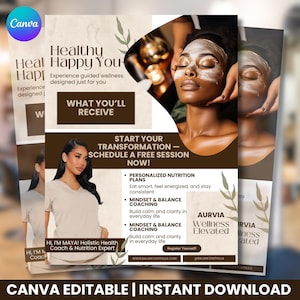 May include: A promotional flyer with the text "Healthy Happy You" and images of a woman receiving a facial and another woman. The flyer promotes wellness services, including nutrition plans and coaching. The flyer is a Canva editable instant download.