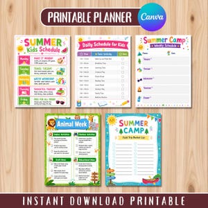 May include: A set of colourful printable summer planners for children. Includes a weekly schedule, daily schedule, animal week activities, and a field trip bucket list. The planners feature fun graphics and text like "Summer Kids Schedule" and "Instant Download Printable."