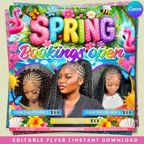Spring Break Booking Flyer, Spring Booking Flyer, Spring Break Sale Flyer, Hair Lash Nail Makeup Braids, Canva Editable