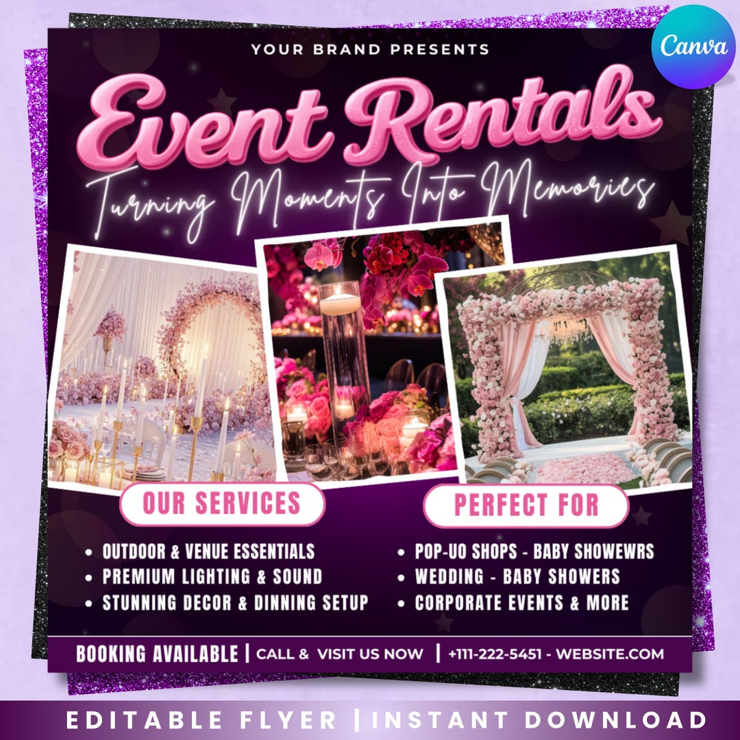 Party Rentals, Event Supplies Flyer, DIY Template, Event Equipment ...
