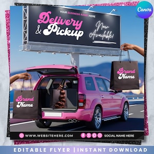 Op de afbeelding: Een roze SUV met open kofferbak, met een donkere boodschappentas met de woorden "Brand Name". Een billboard op de achtergrond leest "Bezorging & Afhalen nu beschikbaar!" met een bedrijfsnaam. De afbeelding is een advertentie.