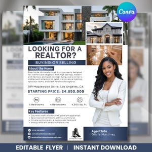 Op de afbeelding: Vastgoedflyer met een moderne huisfoto, tekst "LOOKING FOR A REALTOR?" en "BUYING OR SELLING". Bevat details over een luxe woning in Los Angeles, CA, met 5 slaapkamers, 4 badkamers en 400.00 m². Bevat een foto van een lachende vrouw.