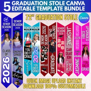 May include: A template bundle for graduation stoles. The image shows multiple stoles with text like "Senior Season 2026", "Congrats Grade", and "You Did It Grad". The stoles are in various colors, including blue, red, and pink.