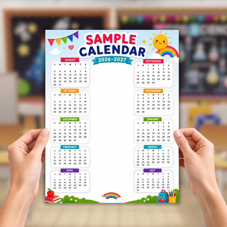 Editable Rainbow School Calendar Canva Template (10-Month Planner)