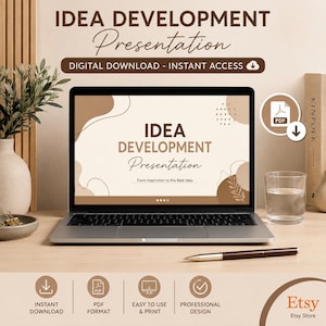 May include: A laptop screen displays a presentation titled IDEA DEVELOPMENT Presentation with brown and beige abstract shapes. The screen also shows the text From Inspiration to the Best Idea. A pen and a glass of water sit on the desk.