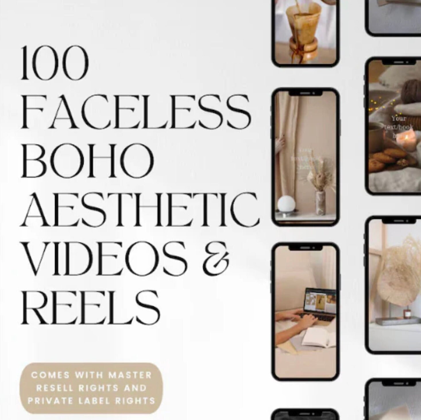 Faceless Reels Boho Instagram Tik Tok Pre Made Social Media Content Mediathek Videos und Inhaltsbibliothek 100 Rollen Eigenmarkenrechte MRR