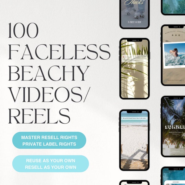 100 videos/reels de Beachy Vibes de marketing sin rostro Derechos de reventa maestros y derechos de etiqueta privada Biblioteca de contenido Videos de viajes Instagram Canva
