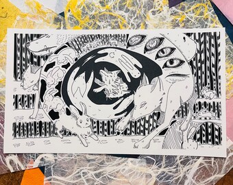 Preydator Print, Monochrome, Fox, Rabbit, Comic, Postcard, Print Paper, Black and White