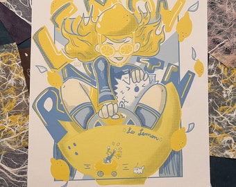 Risograph Lemon Racin' Print, Lemons, Poster, Monochrome, Halftone, Yellow, Blue, Racing