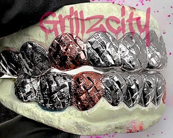 Custom Fit Real 2 color Gold Grillz / 925 Silver Grillz  Diamond dust diamond Cut Custom Grillz with free mold kit and shipping byGrillzcity