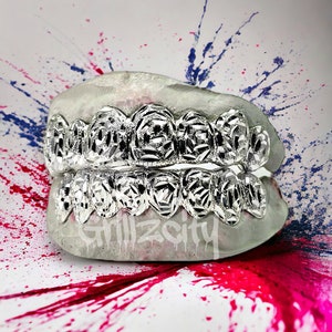 Custom Gold Grillz / 925 Silver Grillz Custom fit handmade Grillz  Rose Diamond Dust flower Cut Grillz with free mold kit and free shipping