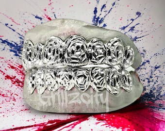 Custom Gold Grillz / 925 Silver Grillz Custom fit handmade Grillz  Rose Diamond Dust flower Cut Grillz with free mold kit and free shipping