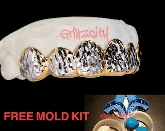 Custom Gold Grillz / 925 Silver Grillz , 2 colors Ultra Diamond Cut / Premium Grillz with free mold kit and shipping by Grillzcity