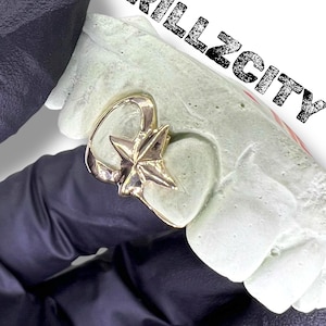 Custom Fit grillz  2 Teeth with star women Grillz fangs cap /925 Silver Slugs Grillz , window grillz Lisa Star with fangs with free mold kit