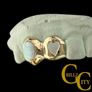 Custom Fitted Grillz, 10k 14k 18k Gold or 925 Silver Oval Opal, Open Face, Starburst, Diamond Dust or Solid, 2 Teeth Opal Style Design