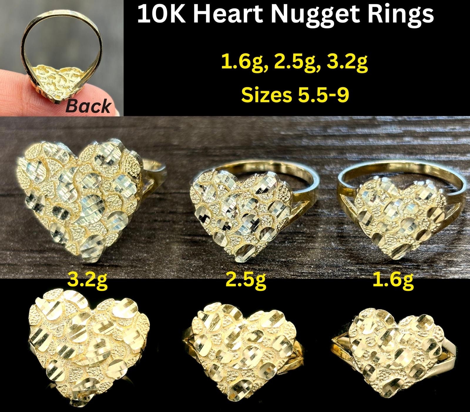 10k Solid Gold Nugget Heart Ring - Genuine Yellow Gold Band, Size 7