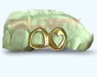 Custom Fit grillz 2 Teeth with heart or star open face grillz fangs /gold Silver Slugs grillz with fangs  Window grillz for men and women