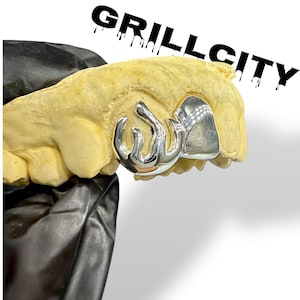 Custom Fit grillz  2 Teeth with fire flame open face or plain solid  Grillz fangs /925 Silver Slugs Grillz with fangs with free mold kit