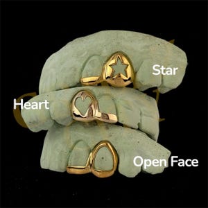 Custom Grillz 2 Teeth | 10K 14K 18K Gold or 925 Silver | Open Face, Heart, Star, And Bar Options | Custom Fit Teeth Jewelry | Hip Hop Grillz image 2