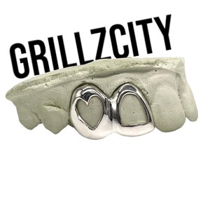 Custom Fit grillz  2 Teeth with heart or star open face grillz fangs /925 Silver Slugs Grillz/grillz with fangs  free mold kit free shipping