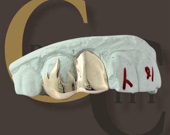 Custom Fitted Grillz, 10k 14k 18k Gold or 925 Silver Fang Canine - Flames and Solid, 2 Teeth Style Design