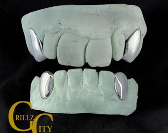 Custom Fit Grillz, 925 Silver Canines Slugs, Back Bar, 2 teeth, ADD Vampire Fangs: (10k 14k 18k Gold Available) Mold Kit + Shipping Included