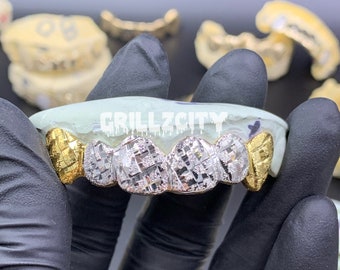 Custom Fit Real 2 color Gold Grillz / 925 Silver Grillz  Diamond dust diamond Cut Custom Grillz with free mold kit and shipping byGrillzcity