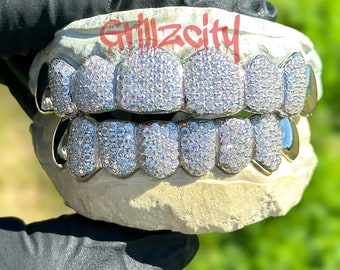 Custom Fit Grillz in Real Gold or 925 SILVER honeycomb handset fully iceoutGrillz with VVS Moissanite by GrillzCity