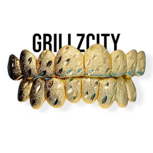 Custom Fit Grillz  Real Gold / 925 Silver Diamond Dust Gold Grillz Mirror Cut / Ice Cut Grillz with free mold kit and shipping by Grillzcity