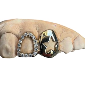 Custom Fit 2 Teeth Grillz in Real Gold Teeth or 925 SILVER honeycomb handset fully iceout or Open face  with VVS Moissanite by GrillzCity