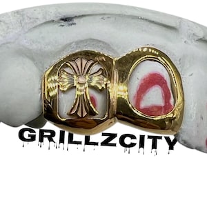 Custom Fit high polish grillz 3 Teeth with open face window Chrome Cross grillz fangs /gold Silver Slugs grillz with fangs for women and men