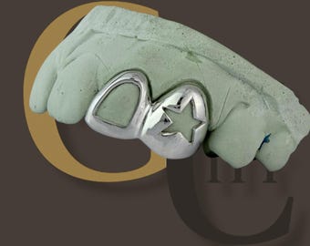 Custom Fit Grillz, 2 Teeth 10k 14k 18k Gold or 925 Silver Heart/Star + Open Face, Double OpenFace. Free Mold Kit. ADD Fangs for Sharp look