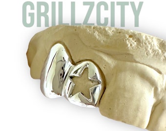 Custom Fit Grillz 2 Zähne mit Herz oder Stern Grillz Reißzähne / 925er Silber Slugs Grillz, Grillz mit Reißzähnen mit kostenlosem Formkit versandkostenfrei