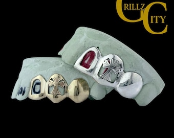 Custom Grillz 3-6 Teeth | 10K 14K 18K Gold or 925 Silver | Open Face, Cross Cut Out, Solid Grillz | Custom Fit Hip Hop Teeth Jewelry, Chrome