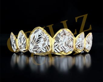 Custom Fit Grillz, 10k 14k 18k Gold or 925 Silver, 2 Tone, Chaos Grillz | Warp Cut, Scratch: Sterling Silver or Gold, Diamond Cut, Trillion